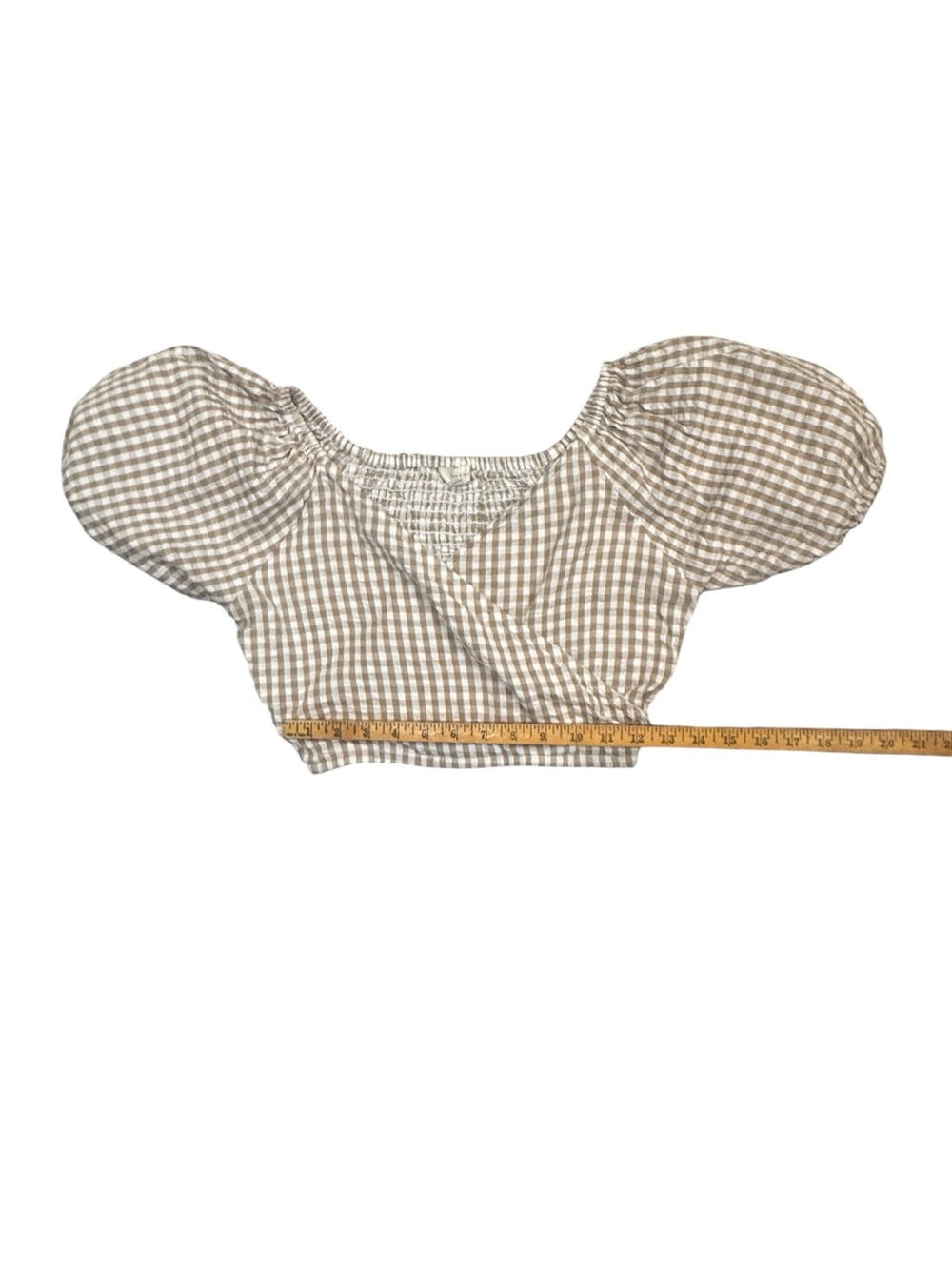 Sim & Sam Beige Gingham Puff Sleeve Crop Top Cotton Cottagecore Size Medium - Picture 4 of 9